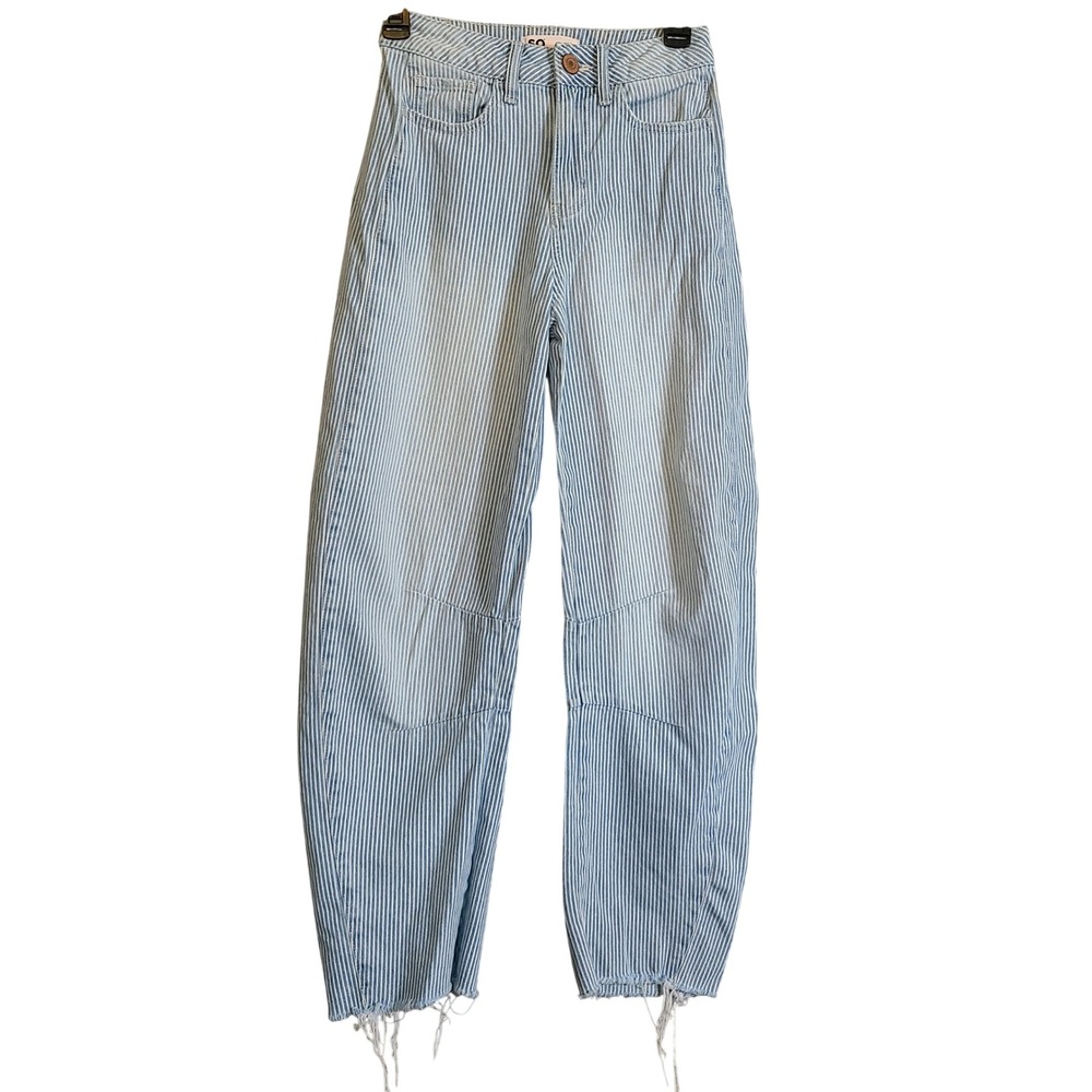 SO High Rise Barrel Jeans Women 0/24W Blue White Hickory Railroad Stripe Raw Hem - Picture 1 of 14